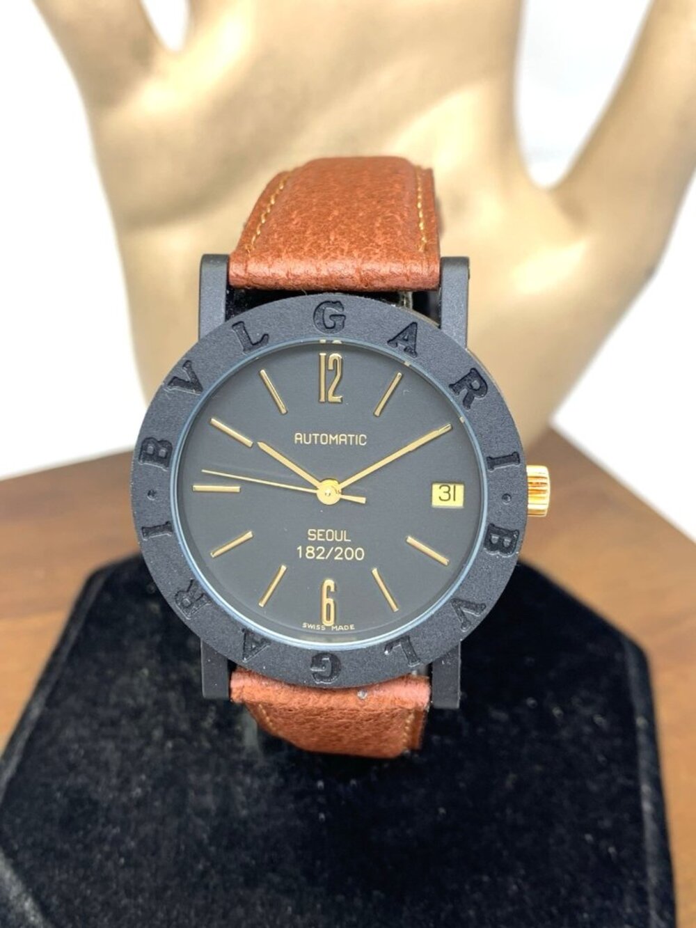 Bvlgari Watch Limited Edition Seoul Swiss Automatic Black Brown Leather Strap